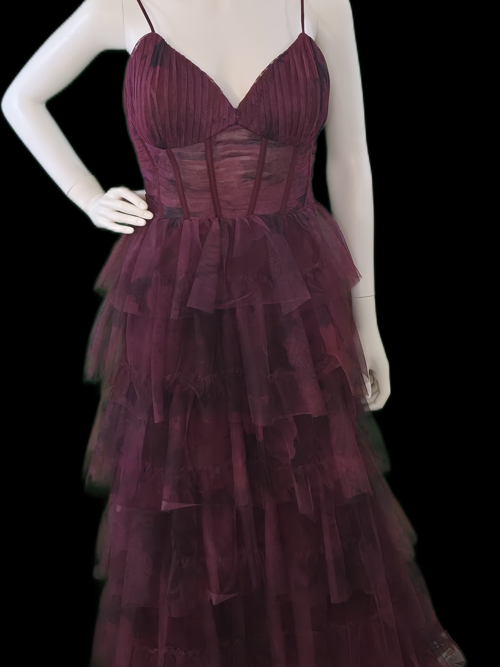 Sleeveless Tiered Tulle Evening Dress - Plum
